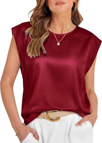 LOMON Womens Silk Satin Tops Summer Cap Sleeve Shirts Dressy Crew Neck Tank Tops Loose Business Casual Blouse in Saudi Arabia