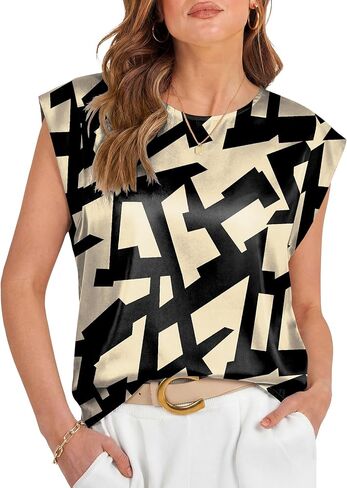LOMON Womens Silk Satin Tops Summer Cap Sleeve Shirts Dressy Crew Neck Tank Tops Loose Business Casual Blouse in Saudi Arabia