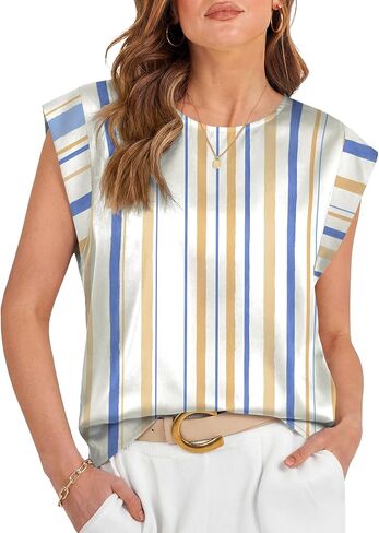 LOMON Womens Silk Satin Tops Summer Cap Sleeve Shirts Dressy Crew Neck Tank Tops Loose Business Casual Blouse in Saudi Arabia