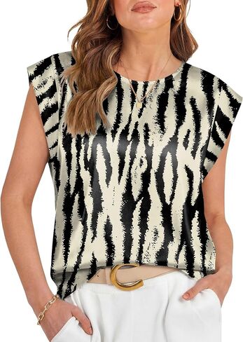 LOMON Womens Silk Satin Tops Summer Cap Sleeve Shirts Dressy Crew Neck Tank Tops Loose Business Casual Blouse in Saudi Arabia