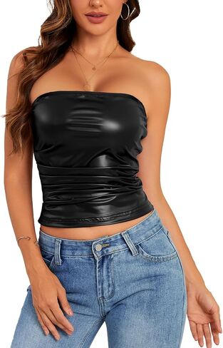 Women's PU Leather Tube Top Strapless Ruched Tank Tops Sexy Bandeau Going Out Shirt Partywear Club Concert Outfit in Saudi Arabia