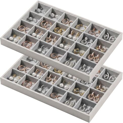 2-Piece Gray leather Stackable Jewelry Organizer Tray Set, Bracelet Ring Earring Holder Box, Necklace Display Stand for Storage and Retail Display (12 Grids) in Saudi Arabia