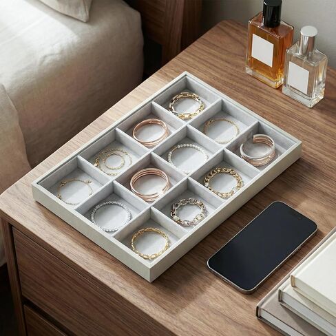 2-Piece Gray leather Stackable Jewelry Organizer Tray Set, Bracelet Ring Earring Holder Box, Necklace Display Stand for Storage and Retail Display (12 Grids) in Saudi Arabia