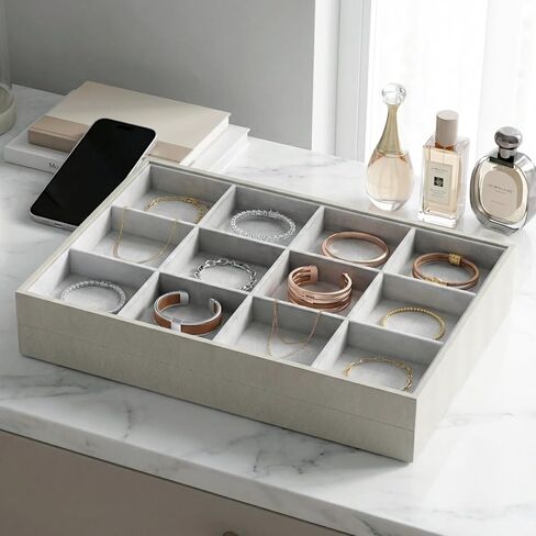 2-Piece Gray leather Stackable Jewelry Organizer Tray Set, Bracelet Ring Earring Holder Box, Necklace Display Stand for Storage and Retail Display (12 Grids) in Saudi Arabia