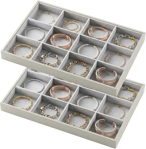 2-Piece Gray leather Stackable Jewelry Organizer Tray Set, Bracelet Ring Earring Holder Box, Necklace Display Stand for Storage and Retail Display (12 Grids) in Saudi Arabia