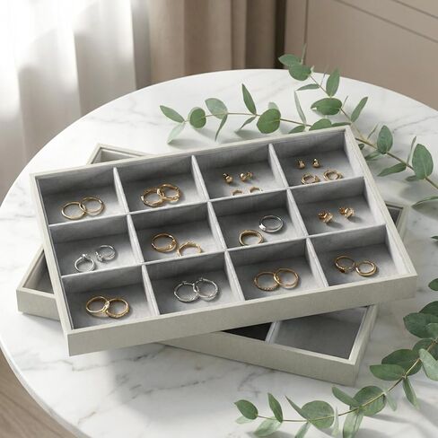 2-Piece Gray leather Stackable Jewelry Organizer Tray Set, Bracelet Ring Earring Holder Box, Necklace Display Stand for Storage and Retail Display (12 Grids) in Saudi Arabia
