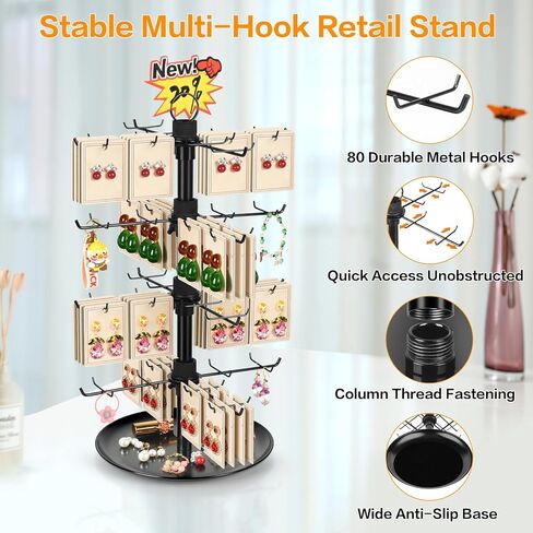 Jewelry Display for Vendors with 80 Hooks, 4 Tier Rotating Display Stand Earring Holder Organizer Adjustable Height, Earring Rack Keychain Necklace Bracelet Display for Retail in Kuwait