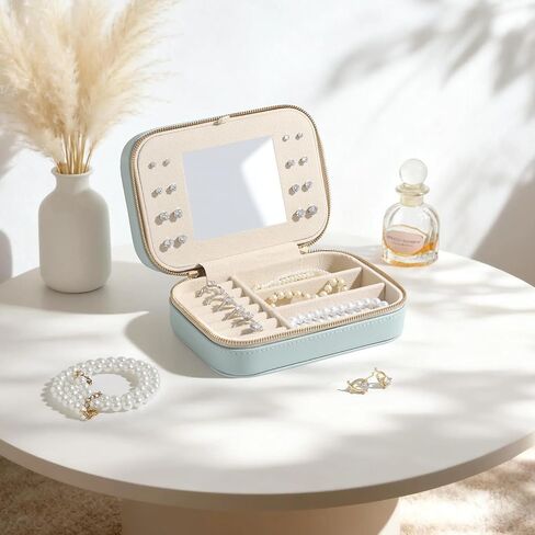1 pcs Genuine Leather Travel Jewelry Organizer Case with Mirror for Women, Small Mini Portable Jewelry Box for Ring Earrings Necklace Bracelet Luxury Gift for Women (pink) in Saudi Arabia