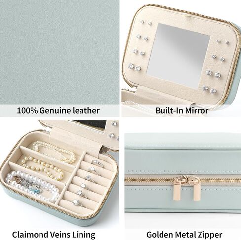1 pcs Genuine Leather Travel Jewelry Organizer Case with Mirror for Women, Small Mini Portable Jewelry Box for Ring Earrings Necklace Bracelet Luxury Gift for Women (pink) in Saudi Arabia