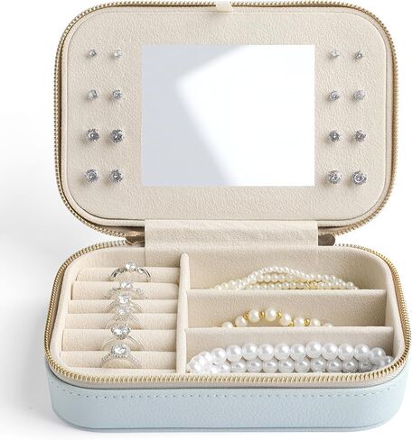 1 pcs Genuine Leather Travel Jewelry Organizer Case with Mirror for Women, Small Mini Portable Jewelry Box for Ring Earrings Necklace Bracelet Luxury Gift for Women (pink) in Saudi Arabia
