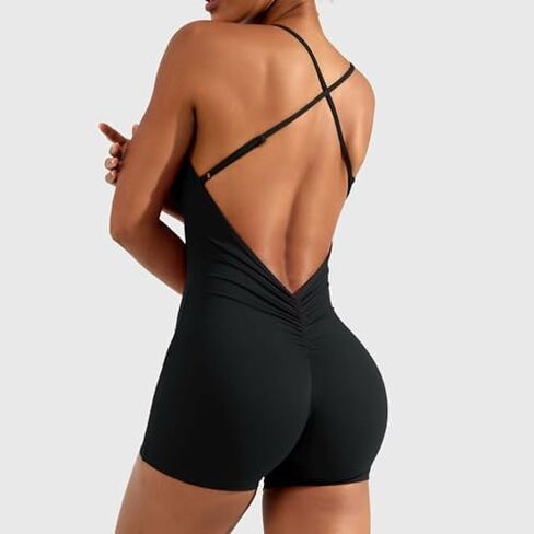 Jumpsuits for Women Tummy Control Butt lifting Criss Cross Backless Scrunch Workout Slim Fit Sexy Yoga Rompers Black in Saudi Arabia
