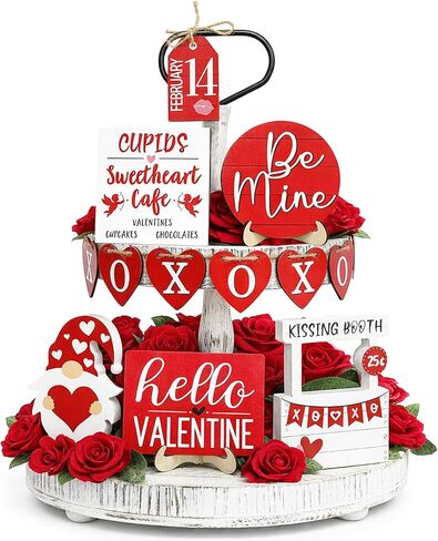 14Pcs Valentines Day Tiered Tray Decorations Set, Farmhouse Rustic Valentine Decorations for Home Table Top Coffee Bar Kitchen, Wood Valentines Day Decor Sign with Gnome (Heart) in Saudi Arabia