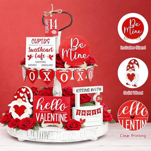 14Pcs Valentines Day Tiered Tray Decorations Set, Farmhouse Rustic Valentine Decorations for Home Table Top Coffee Bar Kitchen, Wood Valentines Day Decor Sign with Gnome (Heart) in Saudi Arabia