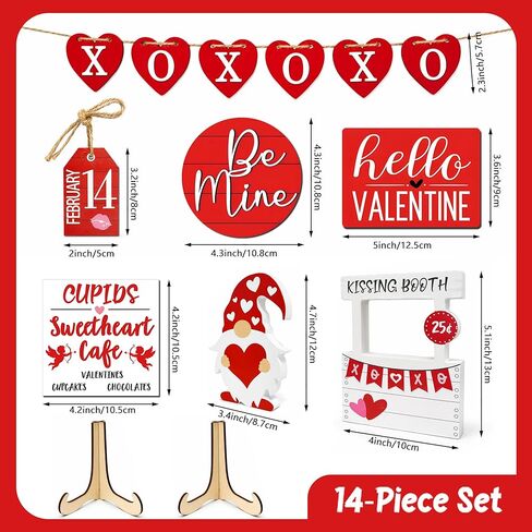 14Pcs Valentines Day Tiered Tray Decorations Set, Farmhouse Rustic Valentine Decorations for Home Table Top Coffee Bar Kitchen, Wood Valentines Day Decor Sign with Gnome (Heart) in Saudi Arabia