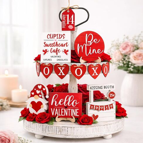 14Pcs Valentines Day Tiered Tray Decorations Set, Farmhouse Rustic Valentine Decorations for Home Table Top Coffee Bar Kitchen, Wood Valentines Day Decor Sign with Gnome (Heart) in Saudi Arabia