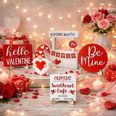14Pcs Valentines Day Tiered Tray Decorations Set, Farmhouse Rustic Valentine Decorations for Home Table Top Coffee Bar Kitchen, Wood Valentines Day Decor Sign with Gnome (Heart) in Saudi Arabia