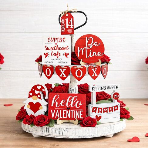 14Pcs Valentines Day Tiered Tray Decorations Set, Farmhouse Rustic Valentine Decorations for Home Table Top Coffee Bar Kitchen, Wood Valentines Day Decor Sign with Gnome (Heart) in Saudi Arabia