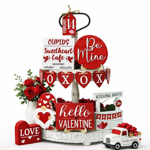 14Pcs Valentines Day Tiered Tray Decorations Set, Farmhouse Rustic Valentine Decorations for Home Table Top Coffee Bar Kitchen, Wood Valentines Day Decor Sign with Gnome (Heart) in Saudi Arabia