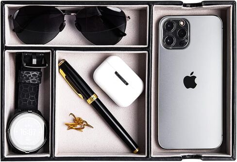 صينية خدمة جلدية للرجال مع جلد البولي يوريثان، صواني تنظيم بجانب السرير ومنظم علوي لخزانة الملابس للرجال، صينية تفريغ للمنزل، هدايا رائعة للعمل والمهرجانات (أسود) in Kuwait