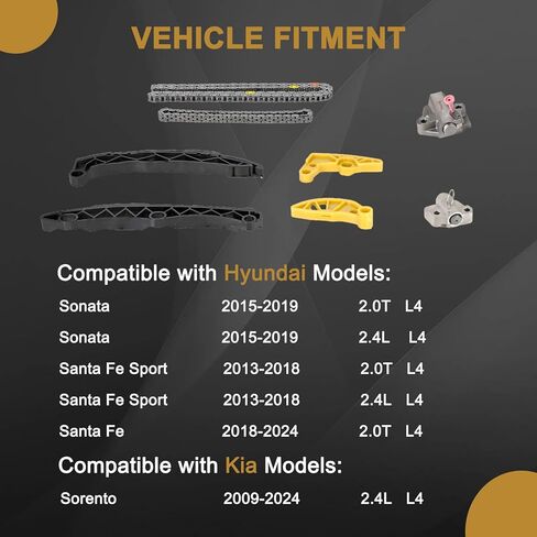 مجموعة سلسلة التوقيت مع العجلة المسننة والأدلة لـ 2014-2024 Kia ​​Sorento، 2013-2024 Hyundai Santa Fe Sport/Santa Fe، 2015-2019 Sonata 2.0T 2.4L G4KH G4KJ | أو 24321-2G111 24431-2G101 in Kuwait