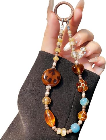 Phone Charm with Crystal/Handpainted Bead, Kawaii Hands-Free Wrist Strap for Women Girl, Cute Leopard Print Shell Bead, Luxury Bling Diamond Glitter Beaded, Phone Lanyard in Saudi Arabia