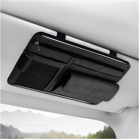 Car Sun Visor Organizer, Soft Leather Vehicle Sunshade Glasses Storage Bag with Net Zipper, Automotive Multi-Pocket Organizer for Drive License Card Glasses Document (Gray) in Saudi Arabia