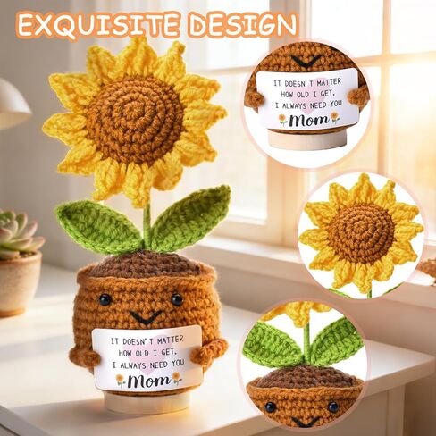 هدايا لعيد الأم: من الابنة والابن هدية عيد الفصح الصغيرة للأم المصنوعة يدويًا من الكروشيه، هدايا دمية عباد الشمس الصغيرة اللطيفة، فكرة هدية عيد الميلاد لديكور الأم المحبوك 6.69 × 2.75 بوصة in Kuwait