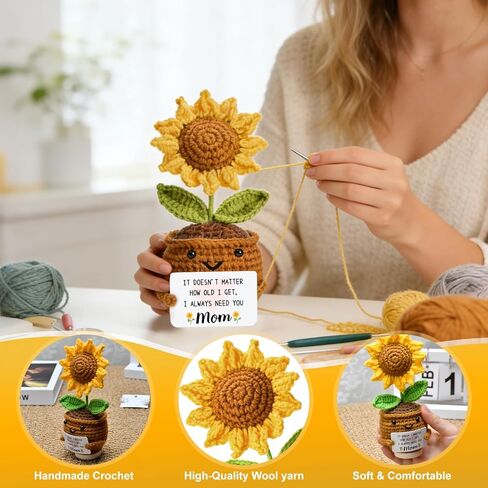 هدايا لعيد الأم: من الابنة والابن هدية عيد الفصح الصغيرة للأم المصنوعة يدويًا من الكروشيه، هدايا دمية عباد الشمس الصغيرة اللطيفة، فكرة هدية عيد الميلاد لديكور الأم المحبوك 6.69 × 2.75 بوصة in Kuwait