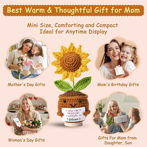 هدايا لعيد الأم: من الابنة والابن هدية عيد الفصح الصغيرة للأم المصنوعة يدويًا من الكروشيه، هدايا دمية عباد الشمس الصغيرة اللطيفة، فكرة هدية عيد الميلاد لديكور الأم المحبوك 6.69 × 2.75 بوصة in Kuwait