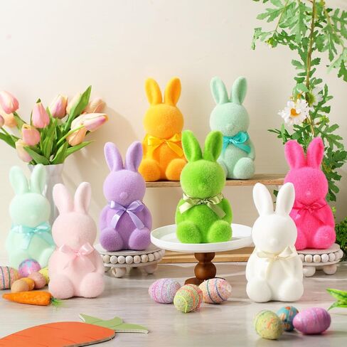 Wesiti 8 Pcs Flocked Bunny Easter Decorations with Bowtie 6.9 Inch Bunnies Figurines for Easter Centerpieces Spring Courtyard Lawn Garden Tabletop Sculpture Nursery Decor for Party Decoration Gift in Saudi Arabia