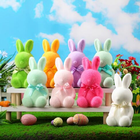Wesiti 8 Pcs Flocked Bunny Easter Decorations with Bowtie 6.9 Inch Bunnies Figurines for Easter Centerpieces Spring Courtyard Lawn Garden Tabletop Sculpture Nursery Decor for Party Decoration Gift in Saudi Arabia