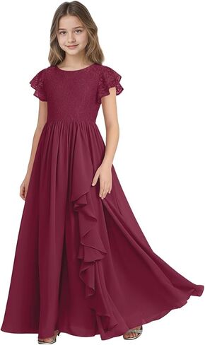 فساتين وصيفة العروس الصغيرة بأكمام قصيرة من الدانتيل من Rlweus لفساتين حفلات الزفاف للفتيات من الشيفون على شكل زهرة in Kuwait