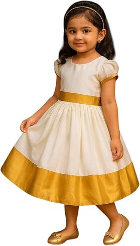 Girls Kerala Traditional Dress, White Cotton Blend with Gold Border, Puff Sleeve Kasavu Frock for Ages 4-7 Years in Saudi Arabia
