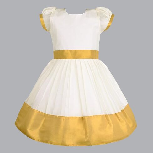 Girls Kerala Traditional Dress, White Cotton Blend with Gold Border, Puff Sleeve Kasavu Frock for Ages 4-7 Years in Saudi Arabia