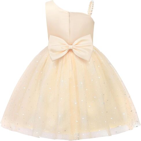 Uhnice Girls One Shoulder Tulle Party Dress with Pearled Strap Detachable Bow Knee Length Flower Girl Wedding Outfit in Saudi Arabia