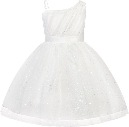 Uhnice Girls One Shoulder Tulle Party Dress with Pearled Strap Detachable Bow Knee Length Flower Girl Wedding Outfit in Saudi Arabia