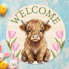 Highland Cow Welcome Sign for Front Door, 12" Rustic Highland Cow Wreath, Floral Wooden Hanging Sign for Door Wall Porch, Spring Gifts for Housewarming - A01 in Kuwait