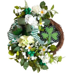22 Inch St Patrick's Day Wreath for Front Door - Artificial Shamrock Wreath with Wooden Clovers, Green Foliage & Bow, Irish St Patricks Day for Indoor Outdoor Decorations Wall Home Decor in Kuwait