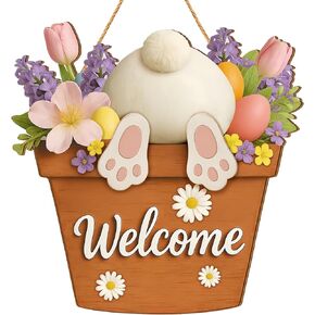 Easter Welcome Sign for Front Door, Easter Bunny Wooden Hanging Sign for Home Decorations, Rustic Farmhouse Bunny Wreath Signs, Spring Welcome Signs for Wall Porch Window Garden Yard Decor in Kuwait