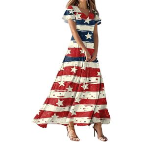 BAXLIMEK Maxi Dresses for Women,2025 Summer American Flag Print 4Th of July Dress,Elegant Short Sleeve Flowy Beach Boho Dress in Saudi Arabia