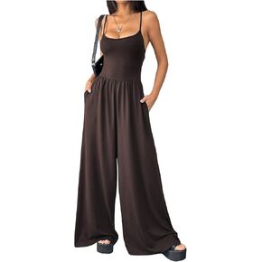 OYOANGLE Women's Sleeveless Wide Leg Jumpsuits High Waisted Spaghetti Strap Casual Long Rompers with Pockets in Saudi Arabia
