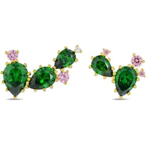 Gold-Plated Green And Pink 5A Cubic Zirconia CZ Asymmetric Cactus And Flower Unique Stud Earrings丨925 Sterling Silver Ear posts丨Plant-Themed and Desert Earrings丨Hypoallergenic Statement Jewelry Gift for Her Mom Women Wife in Saudi Arabia