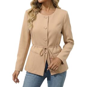 Mina Self 2026 Spring Women's Belt Casual Blazer Jacket - Crew Neck Full-Lined Button Down Split Hem Work Office Pocket in Kuwait