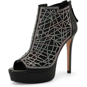 Women's Peep Toe Stiletto High Heels Sparkle Rhinestone Mesh Platform Sandals Evening Party Summer Fashion Ankle Booties with Zipper in Kuwait