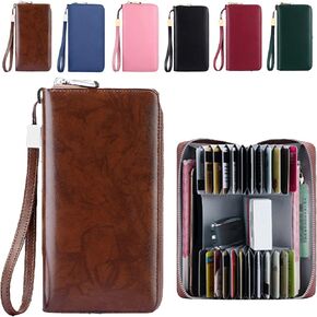 Unisex Anti-credit Card Fraud Multi-compartment Wallet, 24 Slots RFID Blocking Card Holder Large Long Leather Zipper Organizer Accordion Wallet, Huge Storage Capacity (Brown) in Saudi Arabia