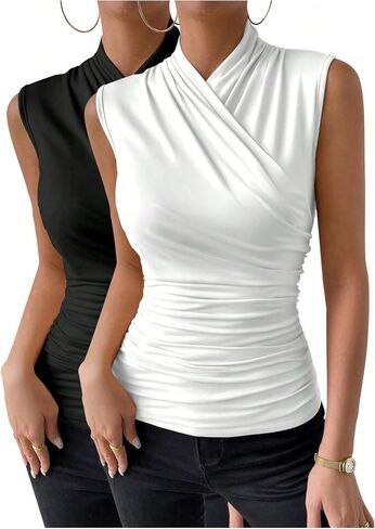 SOLY HUX Women's 2 Piece Tank Tops Ruched Wrap Mock Neck Sleeveless Slim Fit Casual Summer Top in Saudi Arabia