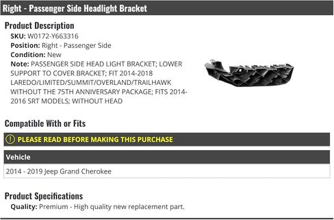 Right Passenger Side Headlight Bracket - Compatible with 2014-2019 Jeep Grand Cherokee (without 75th Anniversary Package) in Saudi Arabia