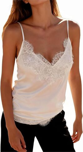 Lace Trim Satin Cami Top for Women Sleeveless Tank Tops Summer Sexy V Neck Spaghetti Strap Floral Lace Crop Camisole in Saudi Arabia