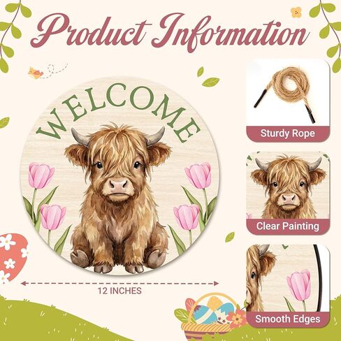 Highland Cow Welcome Sign for Front Door, 12" Rustic Highland Cow Wreath, Floral Wooden Hanging Sign for Door Wall Porch, Spring Gifts for Housewarming - A01 in Kuwait