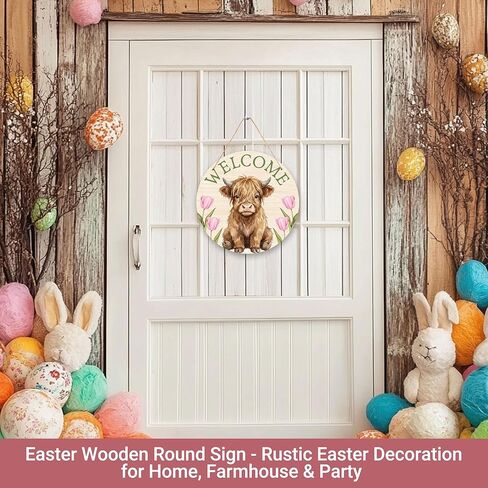 Highland Cow Welcome Sign for Front Door, 12" Rustic Highland Cow Wreath, Floral Wooden Hanging Sign for Door Wall Porch, Spring Gifts for Housewarming - A01 in Kuwait
